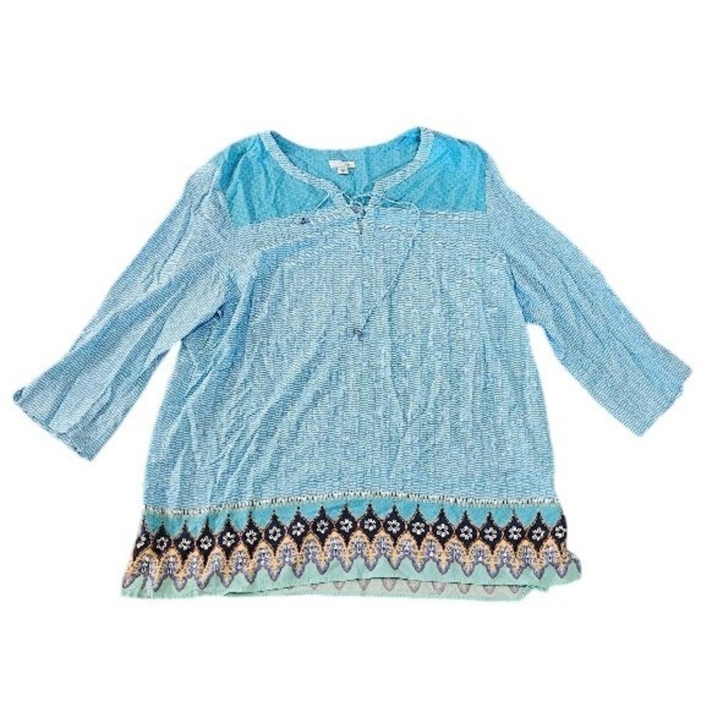 J. Jill Tunic Top Womens XL Blue White Rayon Boho Border Print Lightweight